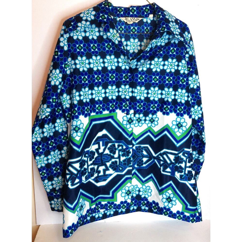 Vintage Lanvin Psychedelic Op Art Graphic Dagger Collar Blouse Size 18 READ